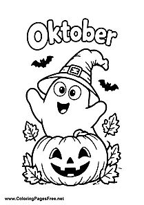 October Ghost on a Smiling Pumpkin Coloring Page
