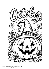 October Halloween Pumpkin with Witch Hat and Leaves Coloring Page