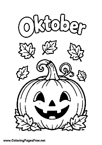 October Happy Pumpkin with Fall Leaves Coloring Page