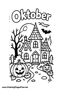 October Haunted House with Pumpkins and Bats Coloring Page