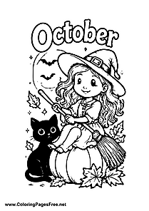 October Little Witch with Black Cat and Pumpkin Coloring Page