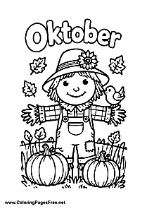 October Scarecrow with Bird and Pumpkins Coloring Page
