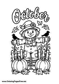 October Scarecrow with Two Pumpkins Coloring Page