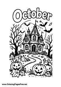 October Spooky Haunted House with Pumpkins Coloring Page