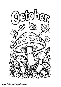 October Toadstools with Fall Leaves Coloring Page