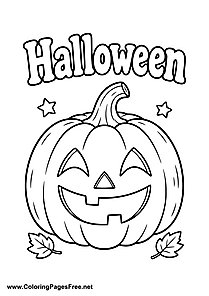 Smiling Halloween Pumpkin with Fall Leaves Coloring Page