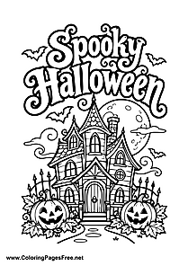 Spooky Halloween Haunted House and Pumpkins Coloring Page