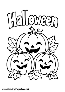Three Happy Halloween Pumpkins with Leaves Coloring Page