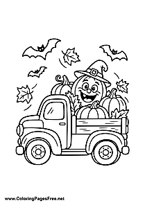 Vintage Halloween Truck with Pumpkins and Bats Coloring Page