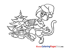 Cat plays Accordion Children New Year Colouring Page