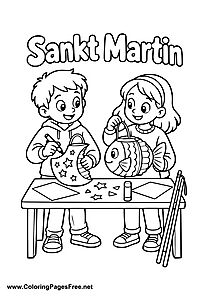 Boy and Girl Making Animal Lanterns for St. Martin's Day Colouring Page