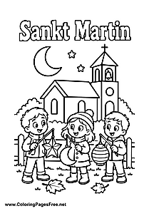 Children at a St. Martin's Day Parade with a Star Lantern and Moon Colouring Sheet