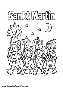 Children at a St. Martin's Day Parade with Sun Moon and Stars Colouring Page