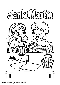 Children Making Lanterns for St. Martin's Day Colouring Page