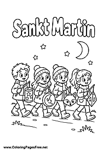 Four Children at a St. Martin's Day Lantern Parade Under the Moon Colouring Page