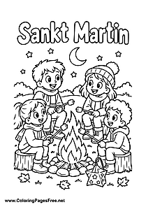Four Children by a St. Martin's Day Bonfire with a Lantern Colouring Page