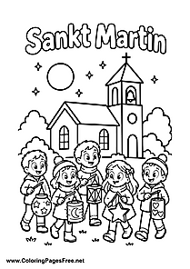 Four Children Carrying Lanterns Through Town on St. Martin's Day Colouring Page