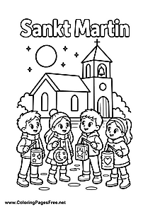 Four Children with Lanterns Outside St. Martin's Church for St. Martin's Day Colouring Page