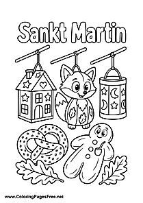 Fox Lantern House Lantern and St. Martin's Day Pretzel Colouring Page