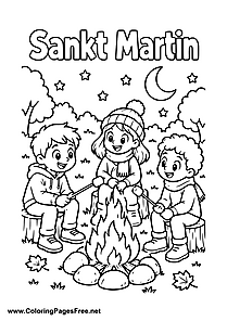 Three Children Around a St. Martin's Day Campfire Colouring Sheet