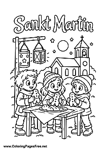 Three Children Making St. Martin's Day Treats by a Church Colouring Sheet