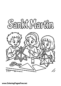 Three Children Making Star Lanterns for St. Martin's Day Colouring Sheet