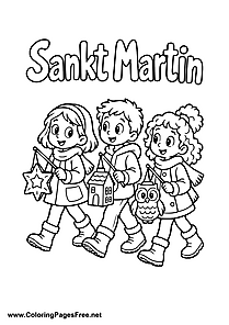 Three Children Walking with Lanterns on St. Martin's Day Colouring Sheet