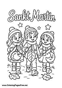 Three Children with Colourful Animal Lanterns at a St. Martin's Day Festival Colouring Sheet