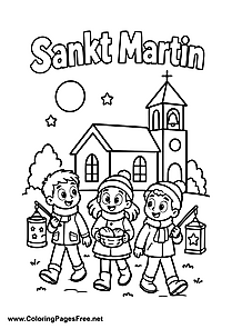Three Children with St. Martin's Day Lanterns in the Moonlight Colouring Page