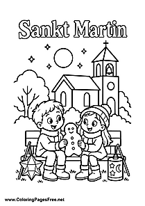 Two Children Carrying Lanterns by a Church on St. Martin's Day Colouring Sheet