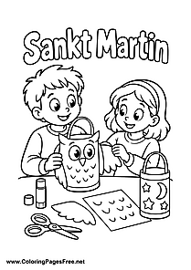 Two Children Making an Owl Lantern for St. Martin's Day Colouring Page