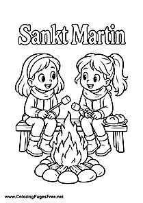 Two Children Sitting at a St. Martin's Day Bonfire Colouring Page