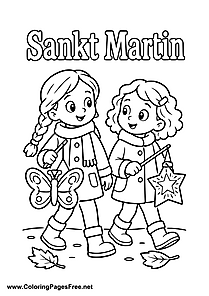 Two Girls with a Star Lantern at a St. Martin's Day Parade Colouring Sheet