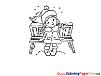 Bench Winter Girl Coloring Page for Kids