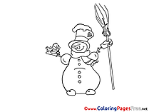 Broom Winter Snowman Coloring Page  for Kids