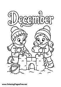 Раскраска «Декабрь»: двое детей строят снежный замок