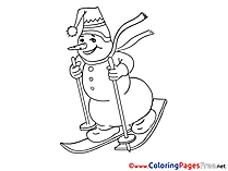 Ski Snowman Winter free Colouring Page