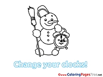 Snowman Winter Clock free Colouring Page