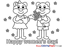 Bears Flowers Children Women's Day Colouring Page