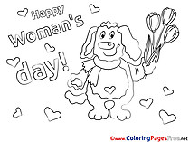 Tulips Dog for Kids Women's Day Colouring Page