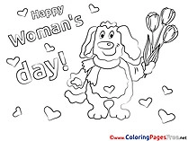 Tulips Dog for Kids Women's Day Colouring Page